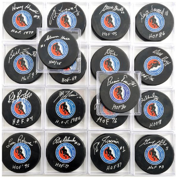 HOFers Signed Puck Collection of 18 with Bourque, Lafleur, Fuhr and Others