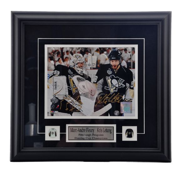 Pittsburgh Penguins Fleury and Letang Framed Signed Photo Plus Mario Lemieux Donruss Scrapbook LE Hockey Cards Framed Display
