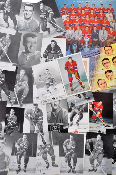 Montreal Canadiens Signed Postcard Collection of 29 with Harvey and Plante Plus Memorabilia