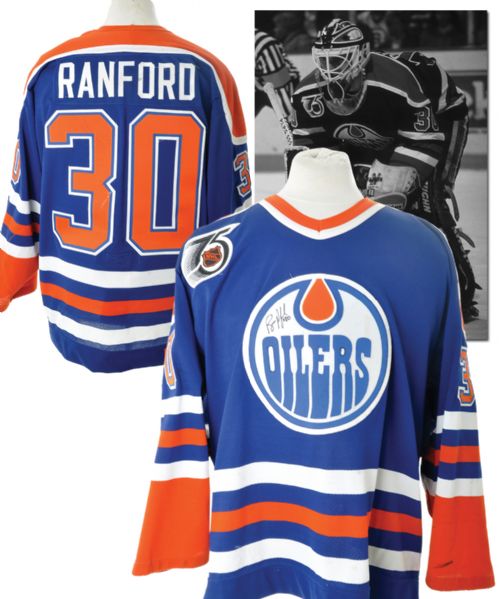 Bill Ranford’s 1991-92 Edmonton Oilers Signed Game-Worn Jersey with 75th Patch and Team LOA – Photo-Matched!