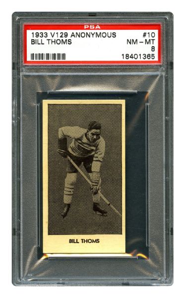 1933-34 Anonymous V129 Hockey Card #10 William David "Bill" Thoms RC <br>- Graded PSA 8 - Highest Graded!
