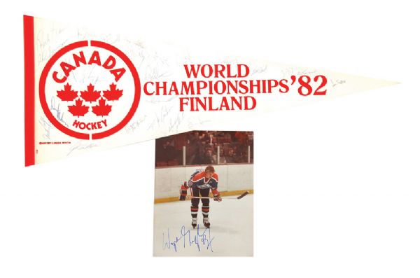 Wayne Gretzky Signed Photo and 1982 World Championships Team Canada Signed Pennant with Gretzky