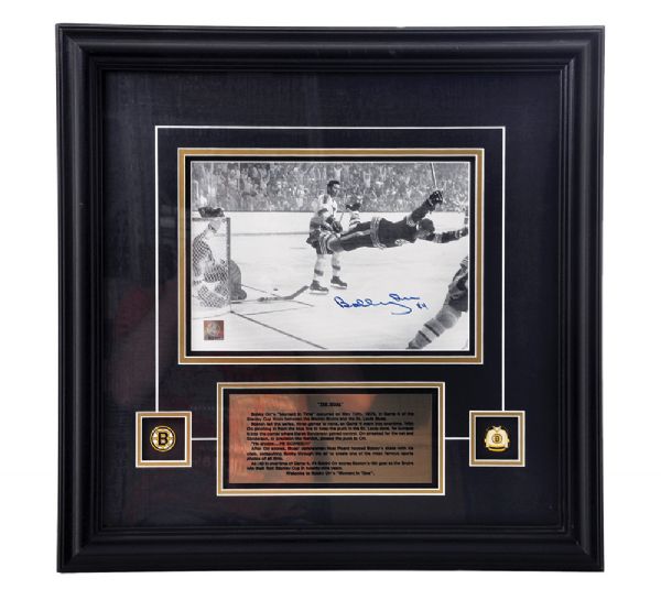 Bobby Orr Signed Flying Goal Framed Photo Plus Gerry Cheevers Signed Framed Photo