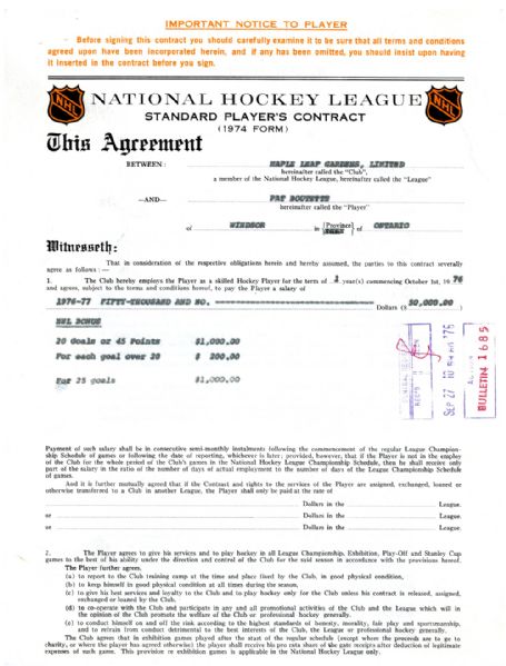 Toronto Maple Leafs 1970s/1980s NHL Contract and Document Collection of 6