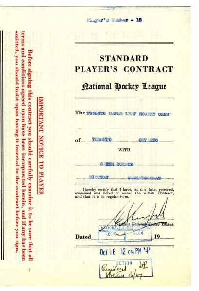 Garth Boesch 1947-48 Toronto Maple Leafs NHL Contract Signed by Boesch, Day and Campbell