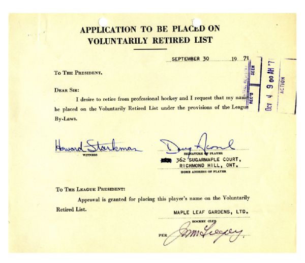 Toronto Maple Leafs 1960s/1970s Contract and Document Collection of 7