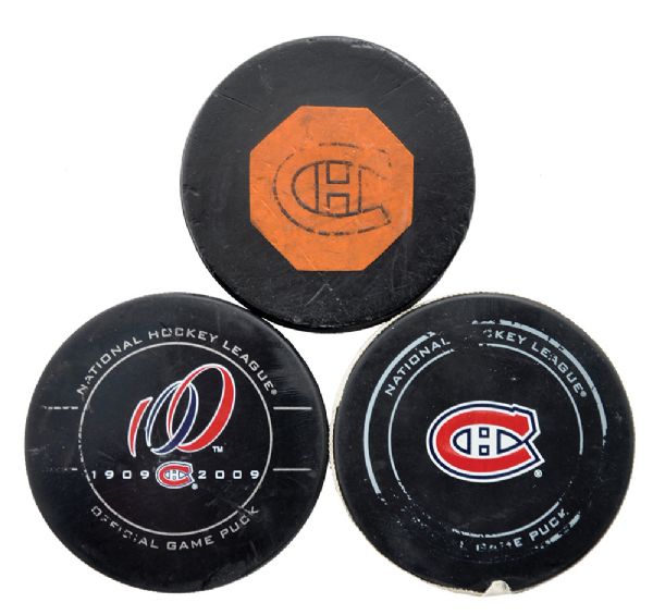 Montreal Canadiens Historical Puck Collection of 3 Including "Original 6" Puck
