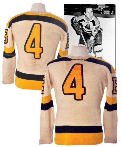 Herb Cains Early-to-Mid-1940s Boston Bruins Game-Worn Wool Jersey - Team Repairs!