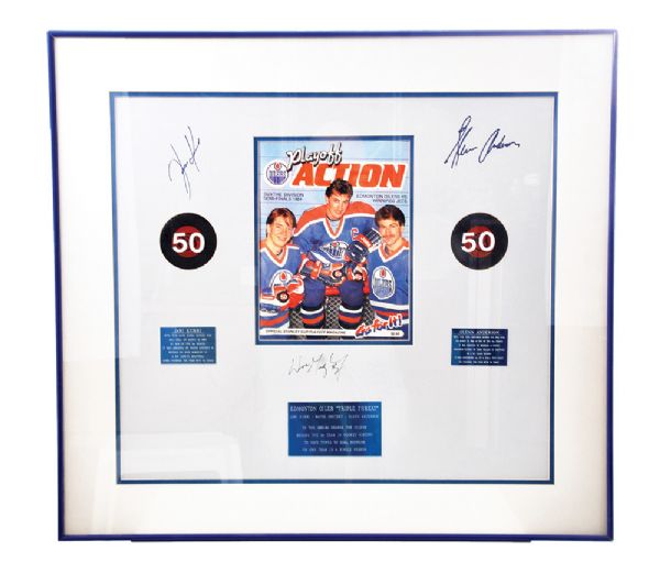 Edmonton Oilers 1983-84 Gretzky, Kurri and Anderson 50-Goal Scorers Signed Framed Display with Kurri and Anderson 50th Goal Pucks