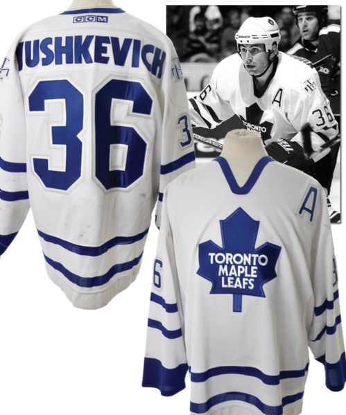 Dimitri Yushkevichs 2000-01 Toronto Maple Leafs Game-Worn Alternate Captains Jersey with Team LOA - Photo-Matched!
