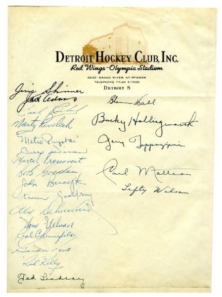 Detroit Red Wings 1955-56 Team-Signed Sheet by 15 with Jack Adams