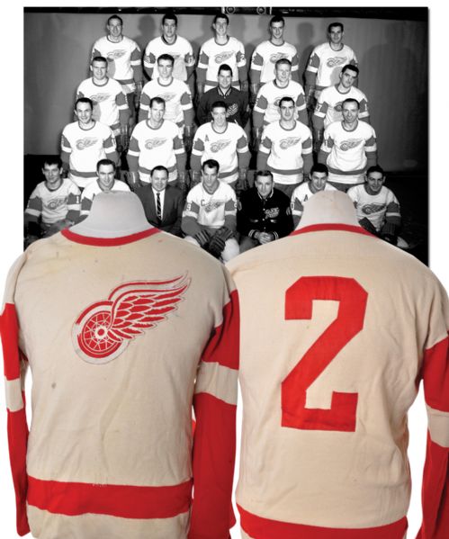 Detroit Red Wings Circa 1957 Game-Worn Wool Jersey - Team Repairs!