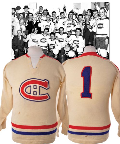 Montreal Canadiens Circa 1950 Game-Worn #1 Wool Jersey - Team Repairs!