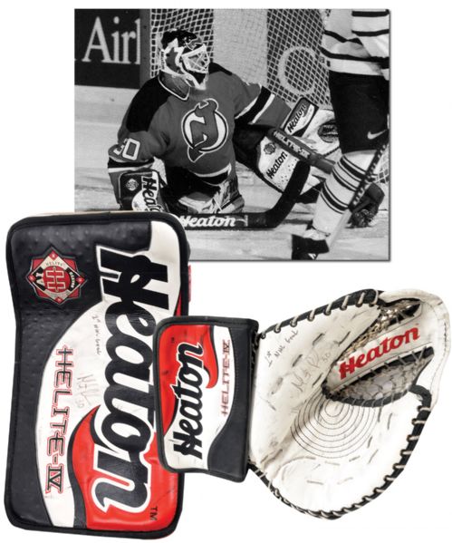 Martin Brodeurs Circa 1997 New Jersey Devils Signed Game-Used Glove and Blocker