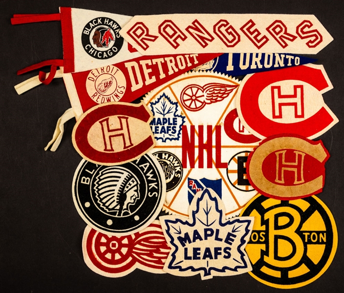 Vintage Team Crest / Pennant Collection of 12 Including "Original Six" Set of 6 Felt Team Crests, 1957-58 Star Weekly Premium Crest and Quaker Oats Montreal Canadiens Team Crests (2)