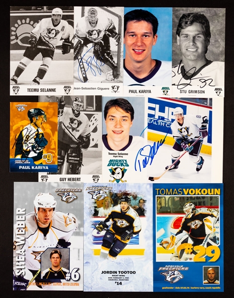 Anaheim Ducks/Nashville Predators 1993-94 to 2007-08 Postcard and Team Card Collection of 240+ including 25 Signed 