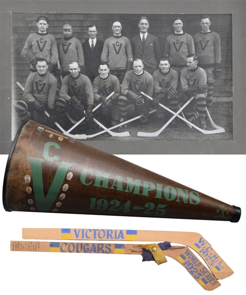 Victoria Cougars 1924-25 Stanley Cup Championship Bullhorn and Mini Hockey Sticks (2)