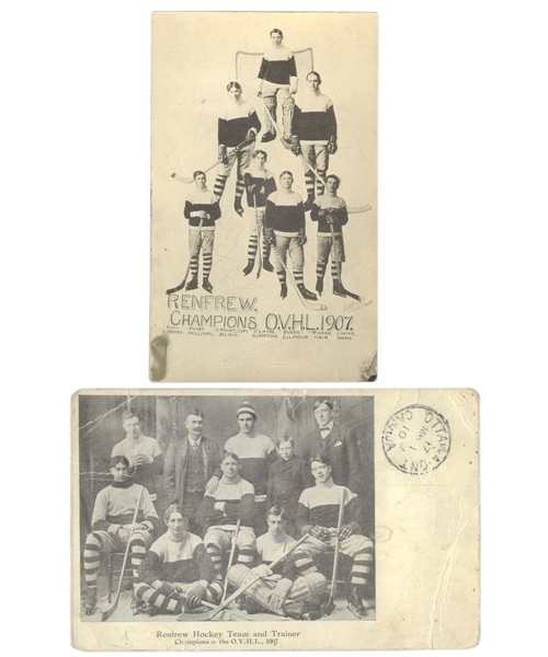 Renfrew Hockey Club 1907 Team Photo Postcard Collection of 2 Including Bert Lindsay, Bobby Rowe and HOFer Billy Gilmour 