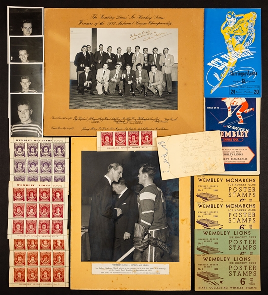 Vintage British National League Hockey Memorabilia Collection Including 1938 Wembley Lions and Wembley Monarchs Stamps Sets (8), Photos and Programs