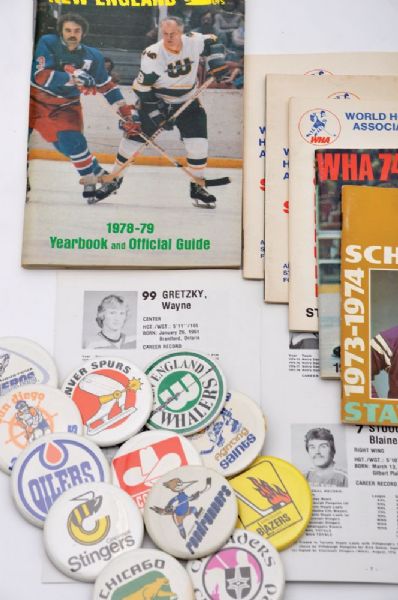1972-73 to 1978-79 WHA Hockey Team and League Media Guide Collection of 98 Plus WHA Pinback Buttons (12)