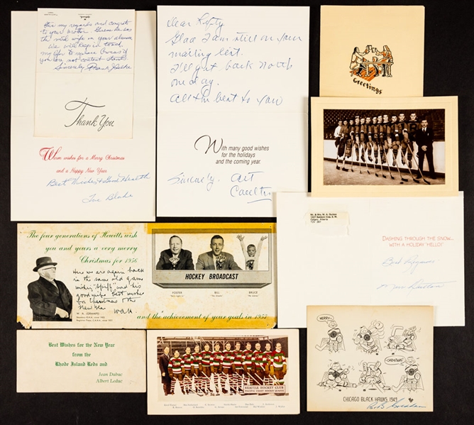 Vintage NHL and Other Leagues Christmas Card Collection of 60+ Including Signed 1956 WA Hewitt Christmas Card, PCHL Seattle Eskimos 1929-30 Team Photo Christmas Card and 1949 Black Hawks Card
