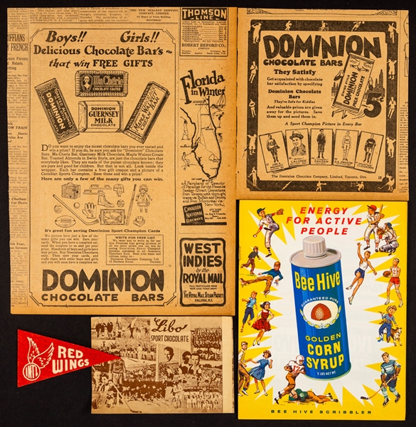 Mid-1920s Dominion Chocolates "Athletic Stars" Cards Newspaper Ads, 1930s-1960s Bee Hive Hockey Picture Memorabilia and Other Various Items