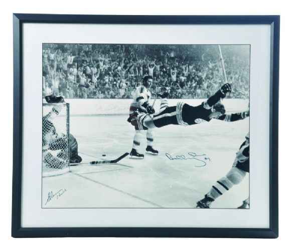 Brett Hulls "The Goal" Bobby Orr, Noel Picard and Glenn Hall Signed Framed Photo (21" x 25") 