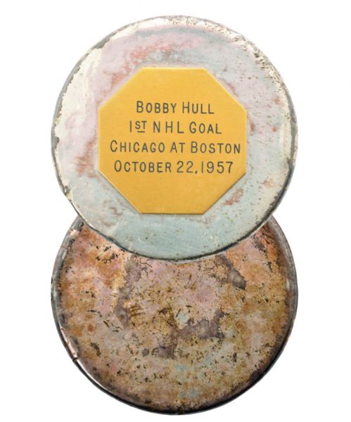 Bobby Hulls October 22nd 1957 Chicago Black Hawks 1st NHL Goal Puck from Brett Hull Collection