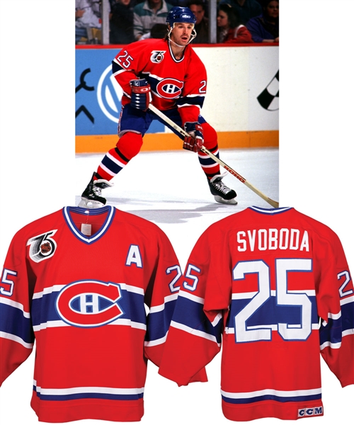 Petr Svobodas 1991-92 Montreal Canadiens Game-Worn Alternate Captains Jersey with Team LOA - 75th Patch! - Team Repairs!