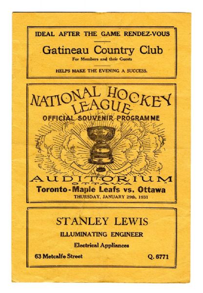 Ottawa Auditorium 1930-31 Program - Ottawa Senators vs Toronto Maple Leafs