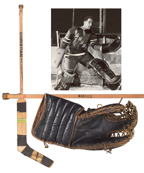 Cesare Maniagos 1970s Minnesota North Stars Christian Game-Used Stick Plus Mid-to-Late-1960s Kenesky Game-Used Glove