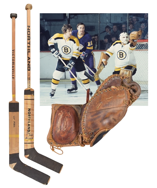 Ed Johnstons 1970s Boston Bruins Signed Cooper Game-Used Glove Plus Northland and Victoriaville Game-Used Sticks