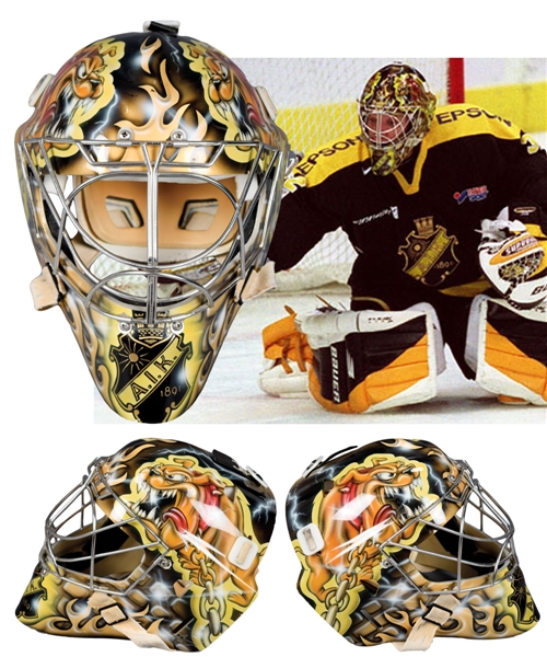 Mike Valleys Early-2000s AIK, Wilkes-Barre/Scranton Penguins and Wheeling Nailers "Bulldog Insane" Game-Worn ReidiC Goalie Mask Painted by Gunnarson