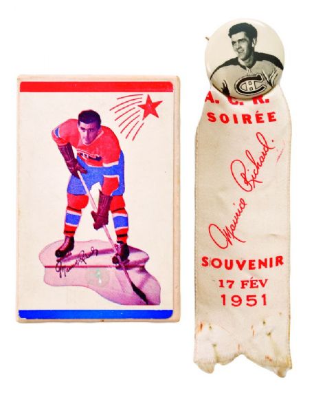 Maurice Richard 1948 Complete Deck of Playing Cards in Original Box Plus 1951 Maurice Richard Night Pin with Ribbon