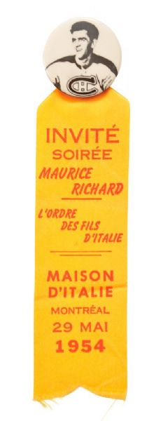 1954 Maurice Richard Night Pin with Ribbon