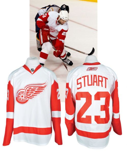 Brad Stuarts 2007-08 Detroit Red Wings Game-Worn Jersey with Team LOA <br>- Team Repairs!