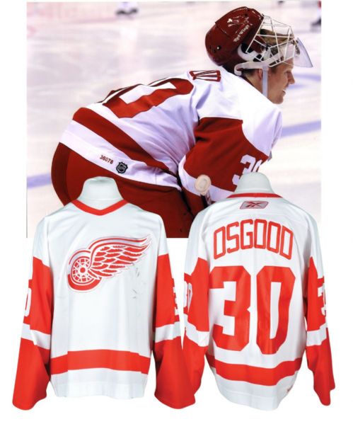 Chris Osgoods 2005-06 Detroit Red Wings Game-Worn Jersey with Team LOA <br>- Team Repairs! - Photo-Matched!