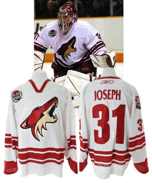 Curtis Josephs 2006-07 Phoenix Coyotes Game-Worn Away Jersey - Decade in the Desert Patch! - Worn in 438th Win Passing Jacques Plante for 5th Place All-Time for Wins! <br>- Photo-Matched!