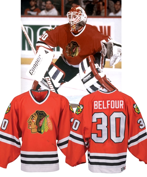 Ed Belfours 1994-95 Chicago Black Hawks Game-Worn Jersey with Team LOA - Team Repairs!