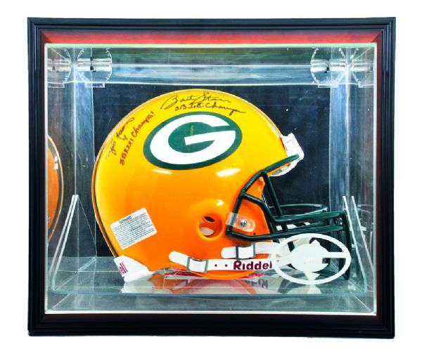 Brett Favre and Bart Starr Signed Green Bay Packers Full-Size Riddell Helmet in Display Case Plus Aaron Rodgers Signed Framed Photo