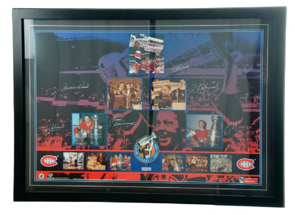 Montreal Canadiens Stanley Cup 100th Anniversary Framed Poster Autographed by Maurice and Henri Richard, Beliveau, Cournoyer, Gainey and Roy (31" x 43")