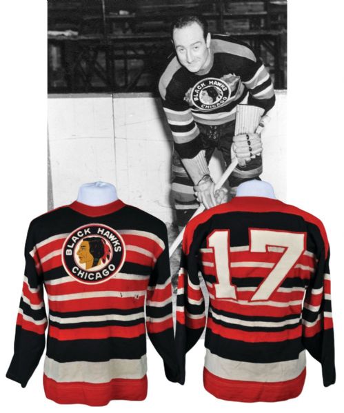 Earl Seiberts Circa 1944-45 Chicago Black Hawks Game-Worn Wool Jersey <br>- Team Repairs!