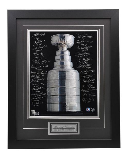 Montreal Canadiens Signed Stanley Cup Framed Display by 28 with Annotations <br>(31 1/2” X 25 1/2”)