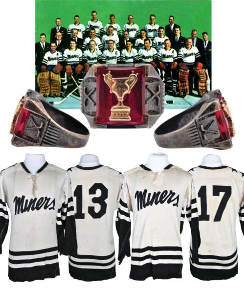 Drumheller Miners 1965-66 Allan Cup Champions Game-Worn Jersey Collection of 2 and 1965-66 Allan Cup Ring