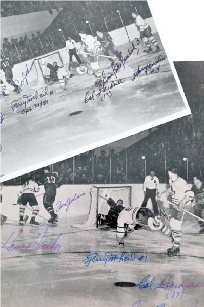 Multi-Signed Leafs/Canadiens Photos of Bill Barilkos Famous 1951 Goal (2)
