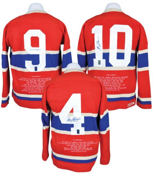 Richard, Beliveau and Lafleur Signed Limited-Edition Montreal Canadiens Wool Career Jersey Collection of 3 with WGA COAs #2/100