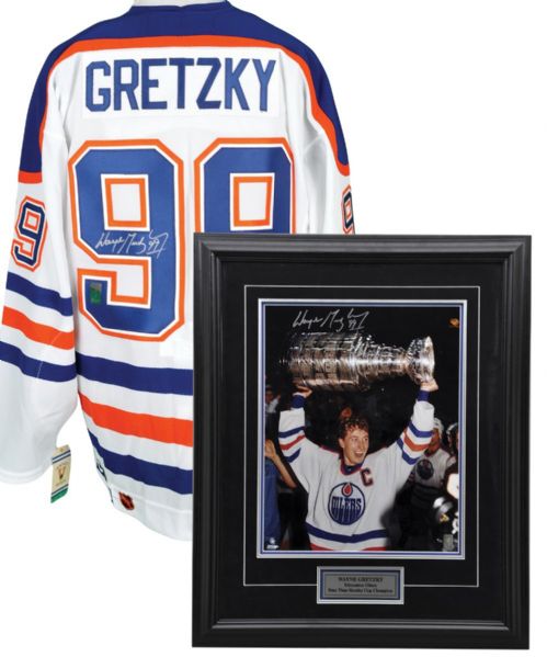 Wayne Gretzky Edmonton Oilers Signed Home Pro Jersey with WGA COA and Signed Limited-Edition "1985 Stanley Cup Champs" Framed Photo with WGA COA #9/99 (26 1/2" x 32 1/2")