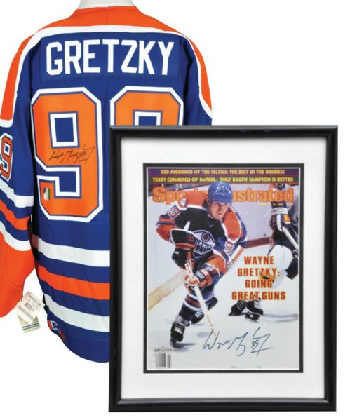 Wayne Gretzky Edmonton Oilers Signed Away Pro Jersey with WGA COA and Signed SI "Great Guns" Framed Cover with UDA COA (12" x 15")