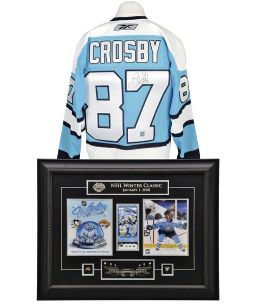 Sidney Crosby Signed Pittsburgh Penguins Throwback Jersey and Winter Classic Signed Framed Display (24 3/4" x 32") with COAs