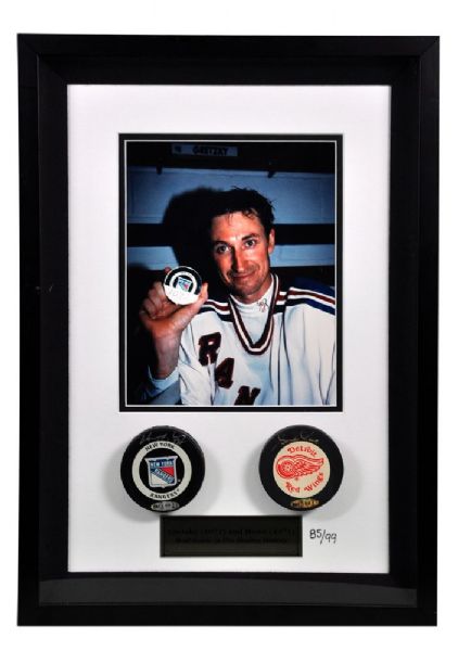 Wayne Gretzky and Gordie Howe "Most Goals in Pro Hockey History" Signed Pucks <br>Limited-Edition Framed Display #85/99 with UDA COAs (14 3/4" x 20 3/4")